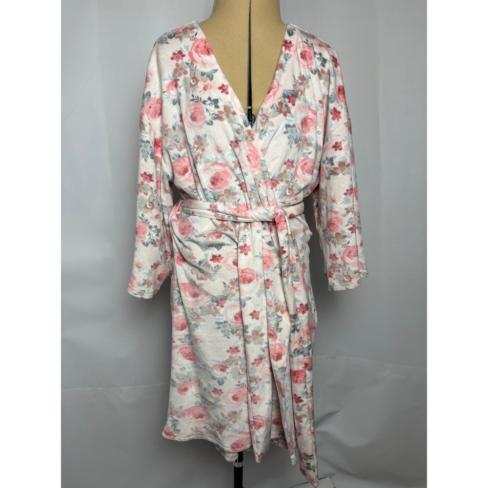 Flora by Flora Nikrooz Pink Floral Plush Fleece Wrap Robe Size Medium Rose Print